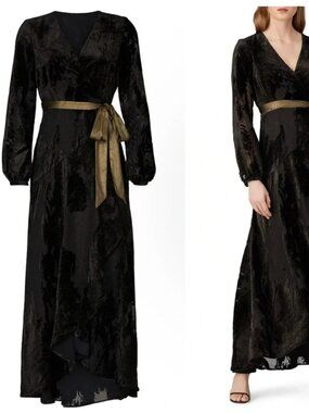 HUTCH Celine Gown Elegant Black Burnout Velvet Maxi Wrap Dress Party Wedding S